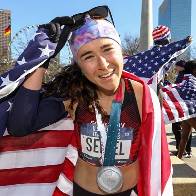 Woman winning marathon who loves decaf coffee, Molly Seidel